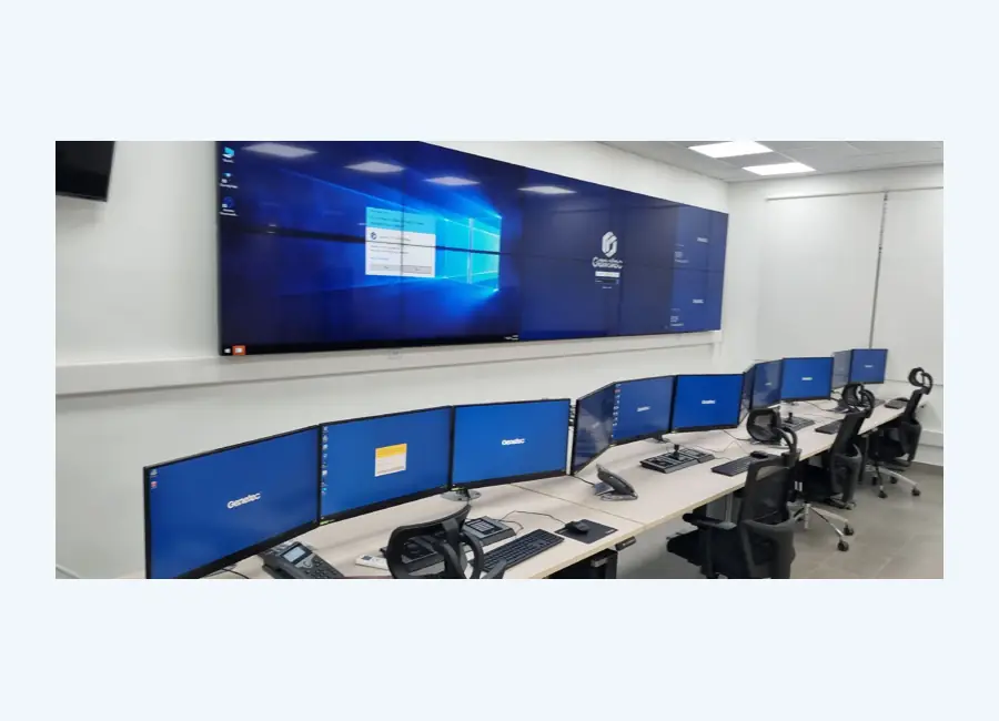 Puestos de supervisión y muro de pantallas durante la preparación de una sala de monitoreo